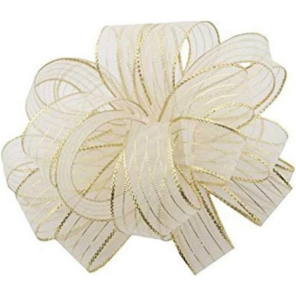 White Gold Striped Chiffon Ribbon 5 8 Inch Wide 50 Yards for Gift Wrapping Craft - Picture 1 of 2